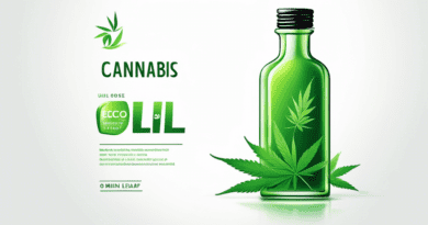 A sleek, modern cannabis oil bottle with an eco-friendly, minimalistic design, featuring vibrant green leaves and clear labeling against a white background.