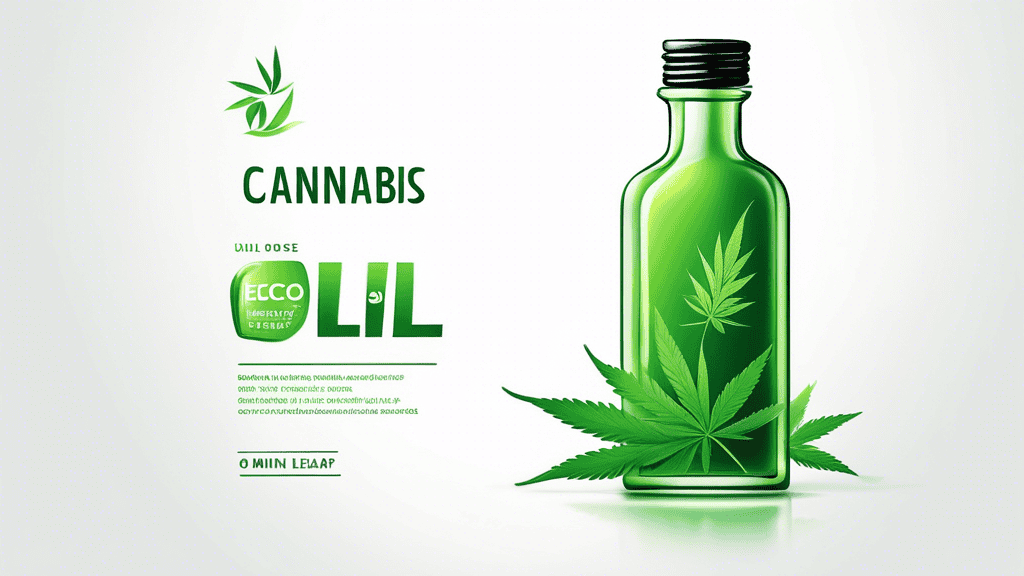 A sleek, modern cannabis oil bottle with an eco-friendly, minimalistic design, featuring vibrant green leaves and clear labeling against a white background.