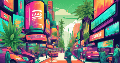 Create an illustration that captures a futuristic urban setting in 2024 with a focus on cannabis brands. Depict digital screens and billboards displaying vibrant ads for cannabis products. Integrate e