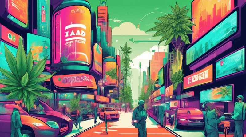 Create an illustration that captures a futuristic urban setting in 2024 with a focus on cannabis brands. Depict digital screens and billboards displaying vibrant ads for cannabis products. Integrate e