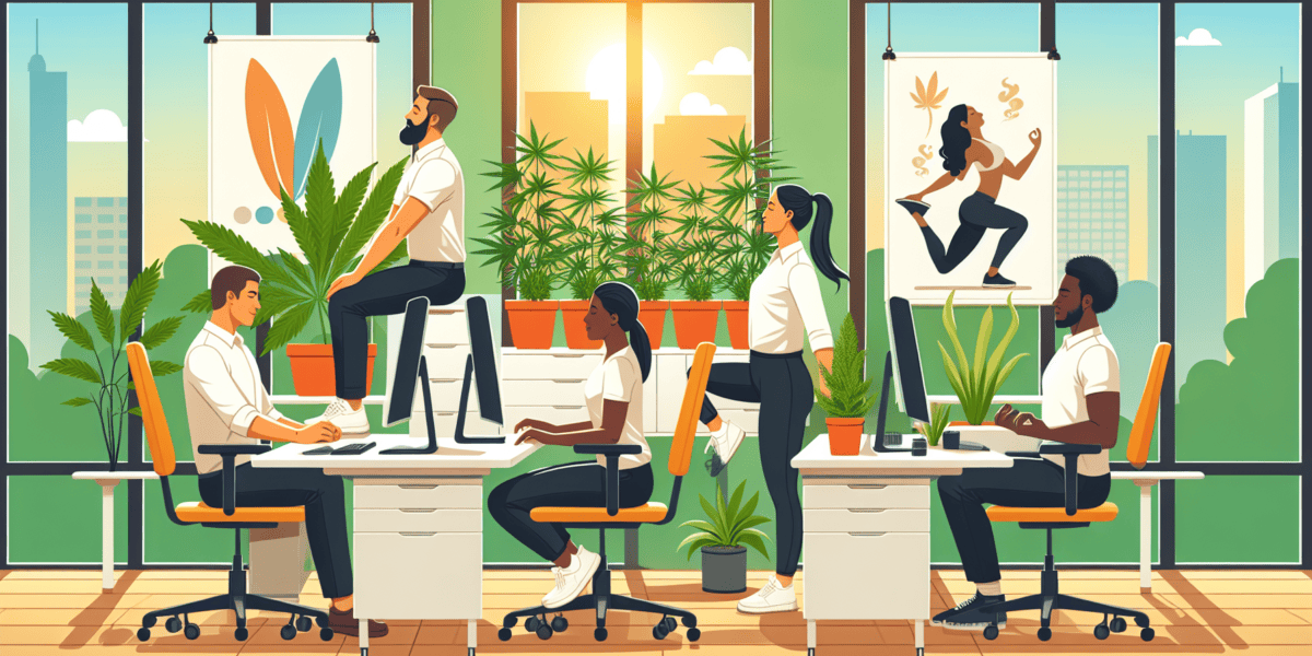 Create an image showing a modern office setting within a high-growth cannabis company. The scene should depict relaxed, happy employees engaging in wellness activities such as a meditation session, st