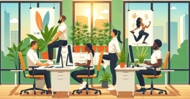 Create an image showing a modern office setting within a high-growth cannabis company. The scene should depict relaxed, happy employees engaging in wellness activities such as a meditation session, st