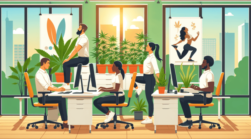 Create an image showing a modern office setting within a high-growth cannabis company. The scene should depict relaxed, happy employees engaging in wellness activities such as a meditation session, st