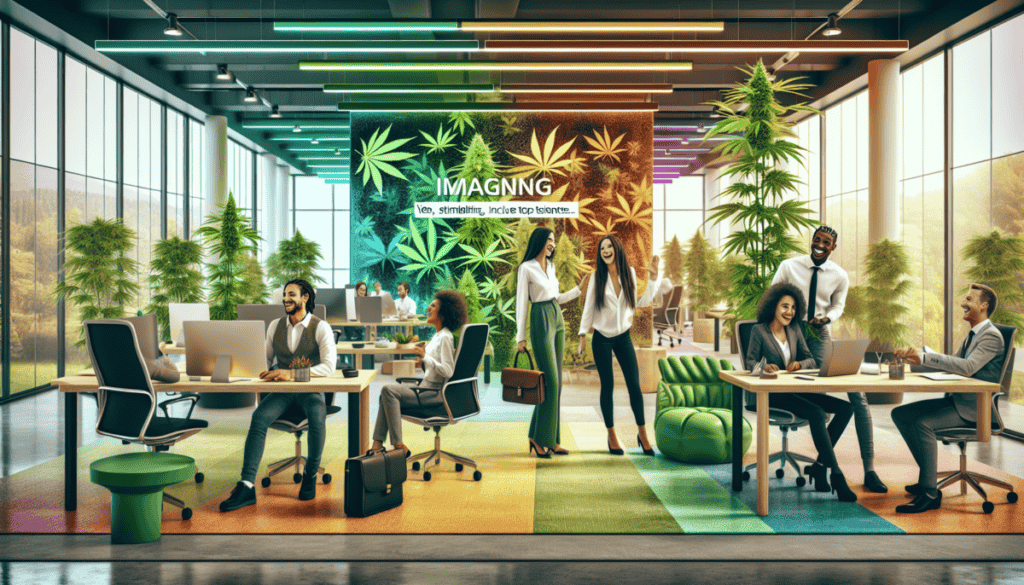 Create an image showing a modern, sleek cannabis start-up office space with diverse, professional individuals collaborating enthusiastically. There are green plants and cannabis-themed decor tastefull