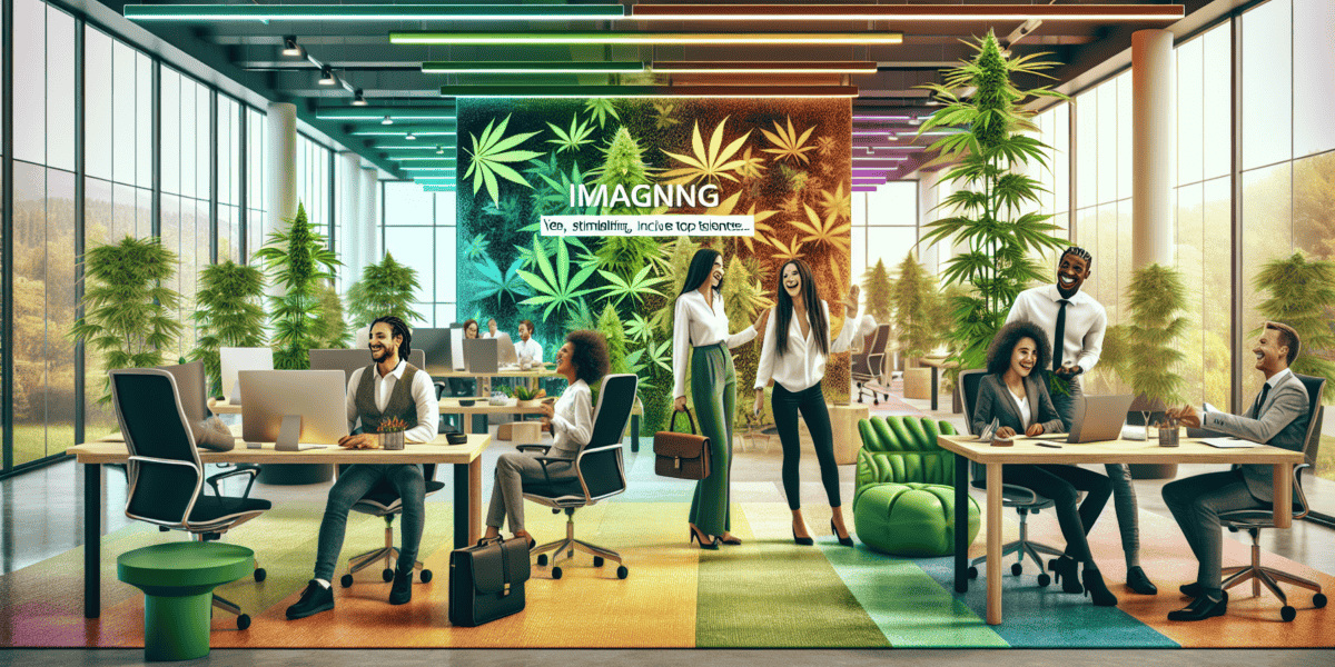 Create an image showing a modern, sleek cannabis start-up office space with diverse, professional individuals collaborating enthusiastically. There are green plants and cannabis-themed decor tastefull