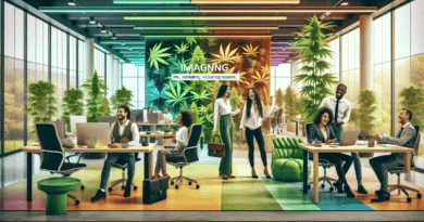 Create an image showing a modern, sleek cannabis start-up office space with diverse, professional individuals collaborating enthusiastically. There are green plants and cannabis-themed decor tastefull