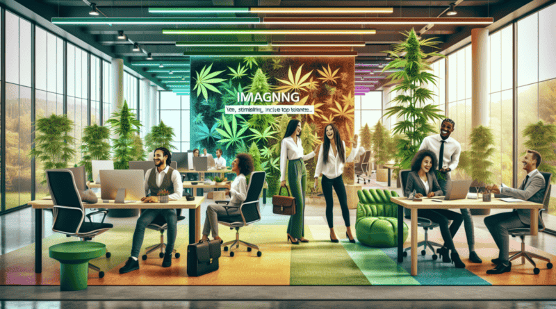 Create an image showing a modern, sleek cannabis start-up office space with diverse, professional individuals collaborating enthusiastically. There are green plants and cannabis-themed decor tastefull