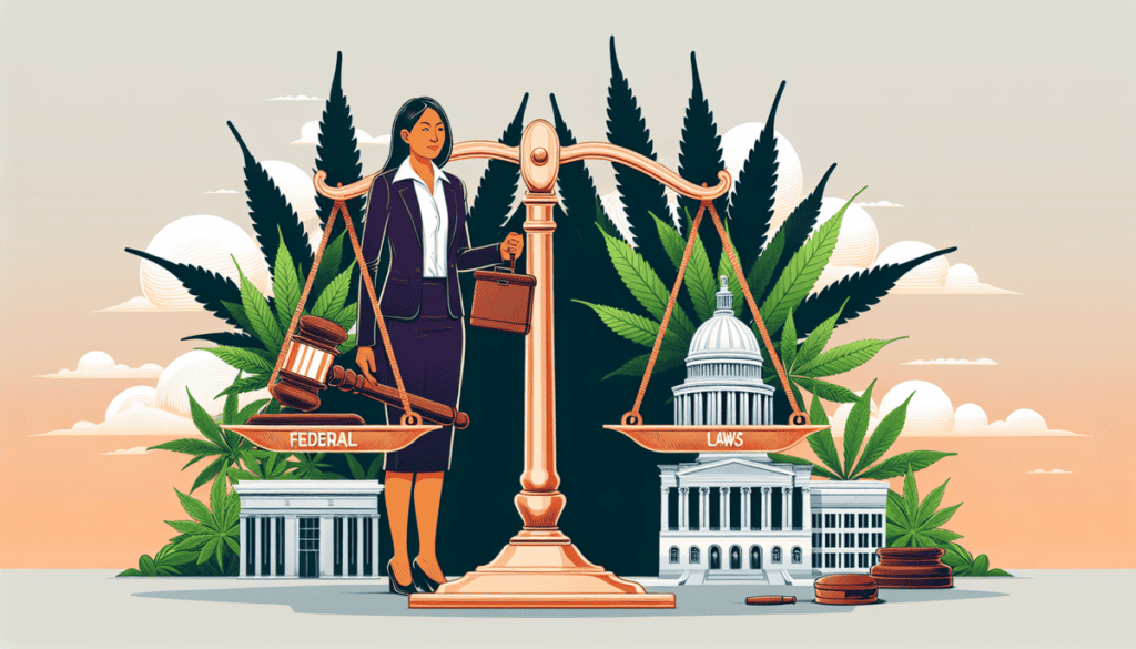 Create a detailed illustration depicting a corporate HR manager standing at a balanced scale, with one side representing federal laws (symbolized by a gavel and the US Capitol) and the other side repr