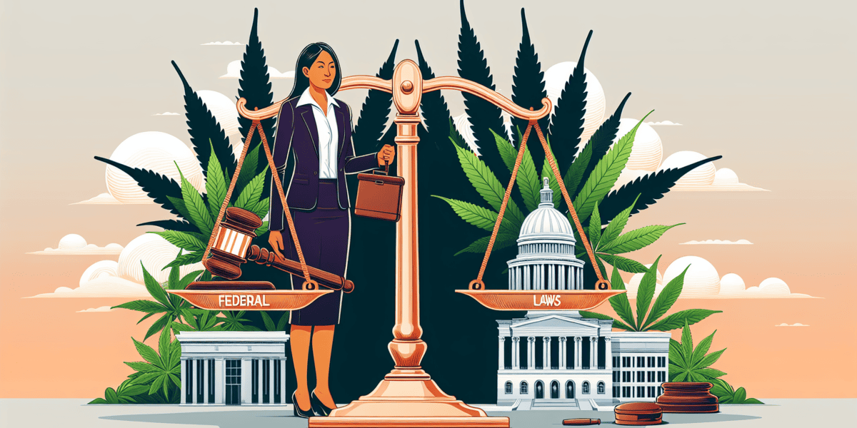 Create a detailed illustration depicting a corporate HR manager standing at a balanced scale, with one side representing federal laws (symbolized by a gavel and the US Capitol) and the other side repr