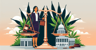 Create a detailed illustration depicting a corporate HR manager standing at a balanced scale, with one side representing federal laws (symbolized by a gavel and the US Capitol) and the other side repr