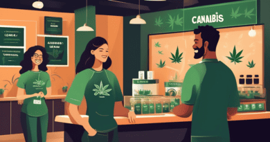 Create an image depicting a modern, inviting cannabis dispensary with happy customers. Show a friendly staff member handing out loyalty reward cards and gifts, such as branded merchandise and small ca