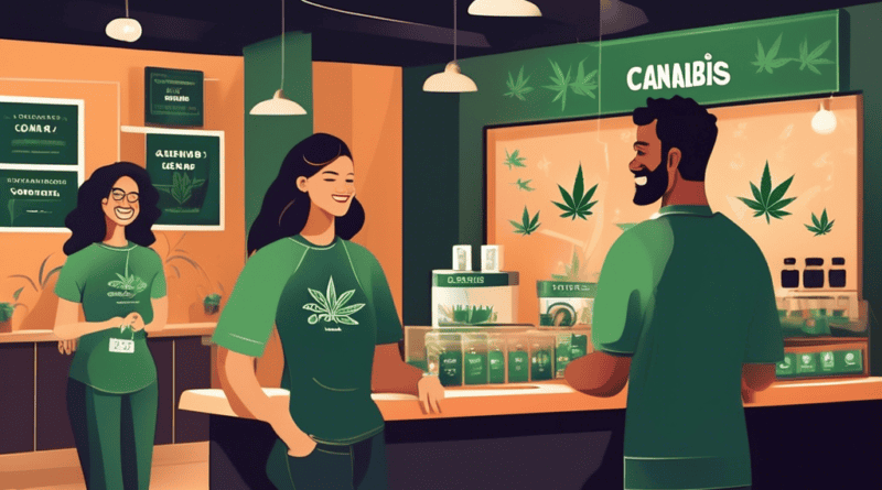 Create an image depicting a modern, inviting cannabis dispensary with happy customers. Show a friendly staff member handing out loyalty reward cards and gifts, such as branded merchandise and small ca