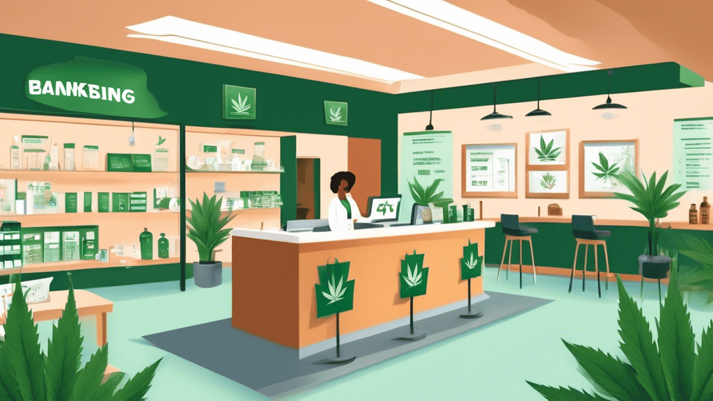 Create a detailed illustration showing a cannabis dispensary with a modern, sleek interior. Behind the counter, there's a sign that reads Cannabis Banking Regulations: What Dispensaries Need to Know.