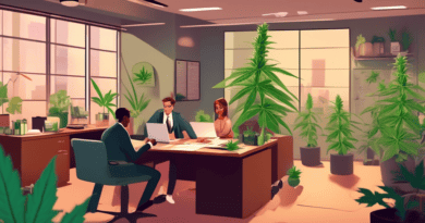 An animated scene showing entrepreneurs in a modern office environment, carefully analyzing cannabis licensing documents. The setting includes various cannabis plants and products, legal books, and ch