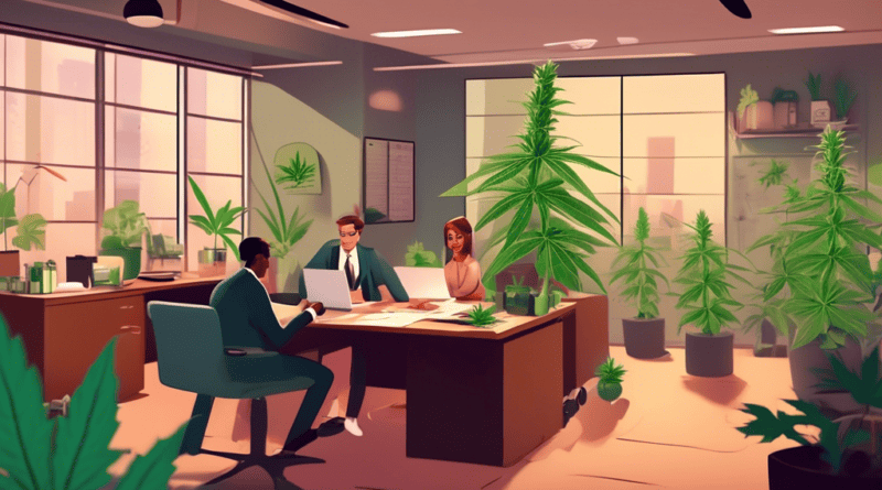 An animated scene showing entrepreneurs in a modern office environment, carefully analyzing cannabis licensing documents. The setting includes various cannabis plants and products, legal books, and ch