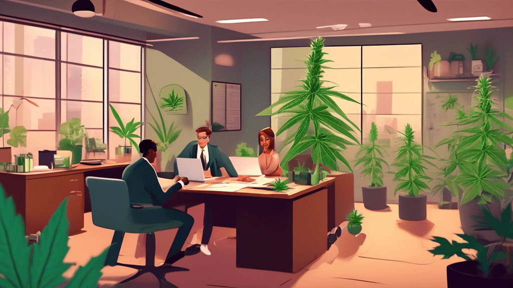 An animated scene showing entrepreneurs in a modern office environment, carefully analyzing cannabis licensing documents. The setting includes various cannabis plants and products, legal books, and ch