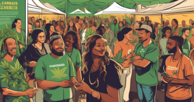 Create an image depicting a diverse group of people engaging in a community outreach event focused on cannabis education. The setting is a welcoming community center with informational booths, educati