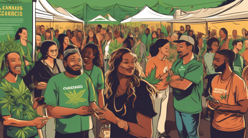 Create an image depicting a diverse group of people engaging in a community outreach event focused on cannabis education. The setting is a welcoming community center with informational booths, educati