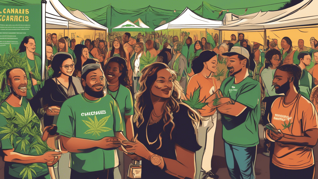 Create an image depicting a diverse group of people engaging in a community outreach event focused on cannabis education. The setting is a welcoming community center with informational booths, educati