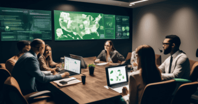 Create an image depicting a team of diverse professionals in a modern conference room, working together on compliance strategies for a multi-state cannabis operation. Highlight digital maps of various