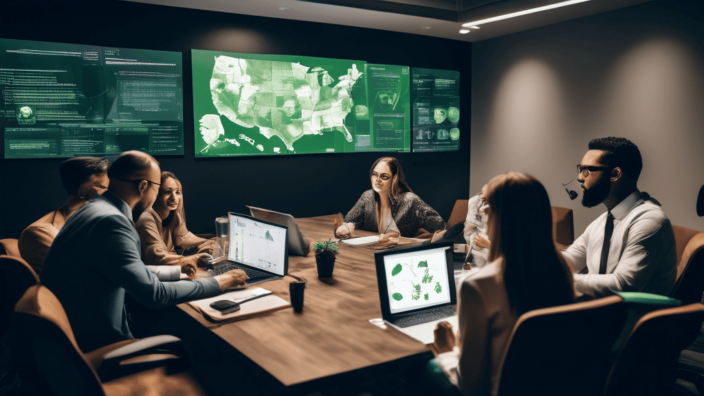 Create an image depicting a team of diverse professionals in a modern conference room, working together on compliance strategies for a multi-state cannabis operation. Highlight digital maps of various