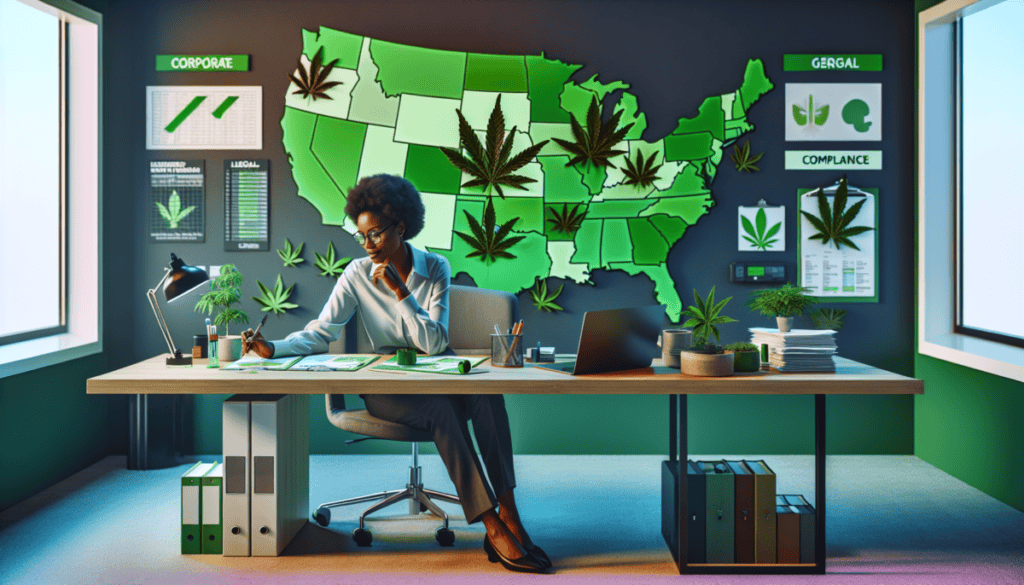 Create an image illustrating a professional HR manager crafting policies in a modern office setting, highlighted by a map of the United States on the wall with several states marked in green. To symbo