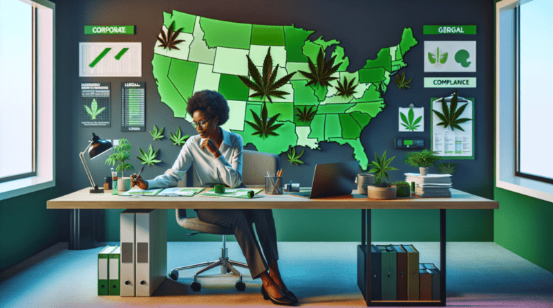 Create an image illustrating a professional HR manager crafting policies in a modern office setting, highlighted by a map of the United States on the wall with several states marked in green. To symbo