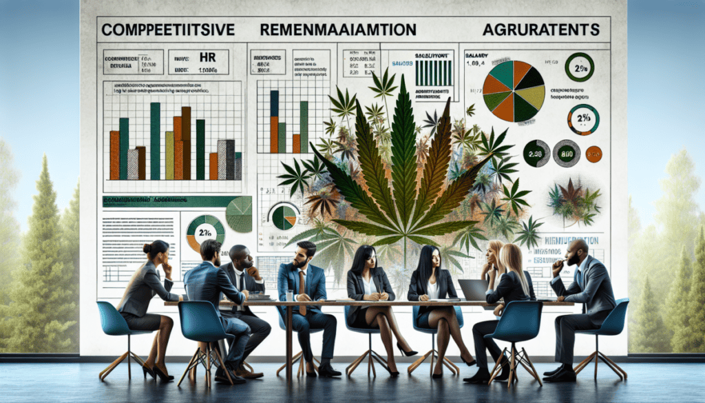 Create an image of a modern office setting with HR professionals discussing competitive compensation packages for cannabis industry workers. Include elements like charts, cannabis plant motifs, and do