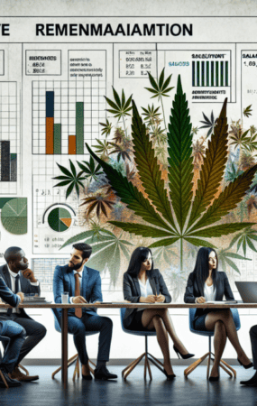Create an image of a modern office setting with HR professionals discussing competitive compensation packages for cannabis industry workers. Include elements like charts, cannabis plant motifs, and do