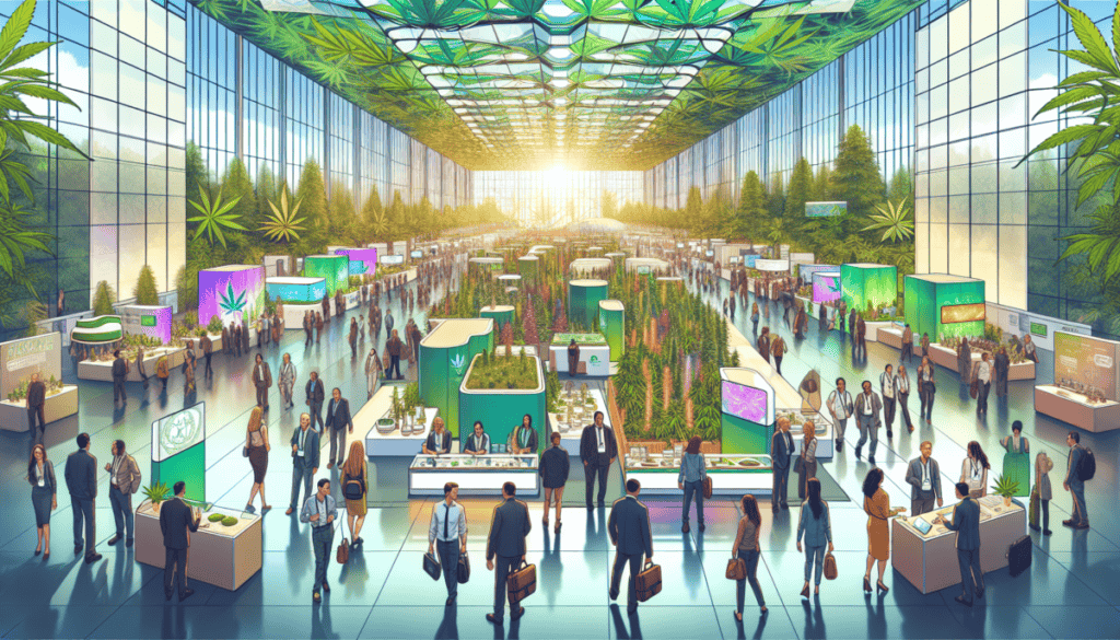 Illustrate a dynamic career fair scene set in a modern, eco-friendly convention center. Highlight various career paths in the emerging cannabis sector, such as agriculture, science, medicine, business