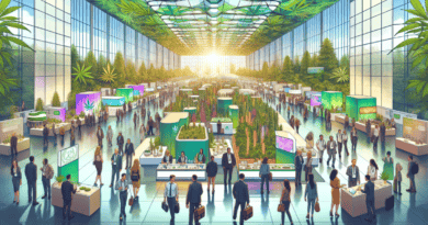 Illustrate a dynamic career fair scene set in a modern, eco-friendly convention center. Highlight various career paths in the emerging cannabis sector, such as agriculture, science, medicine, business
