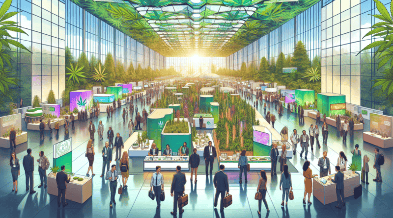 Illustrate a dynamic career fair scene set in a modern, eco-friendly convention center. Highlight various career paths in the emerging cannabis sector, such as agriculture, science, medicine, business