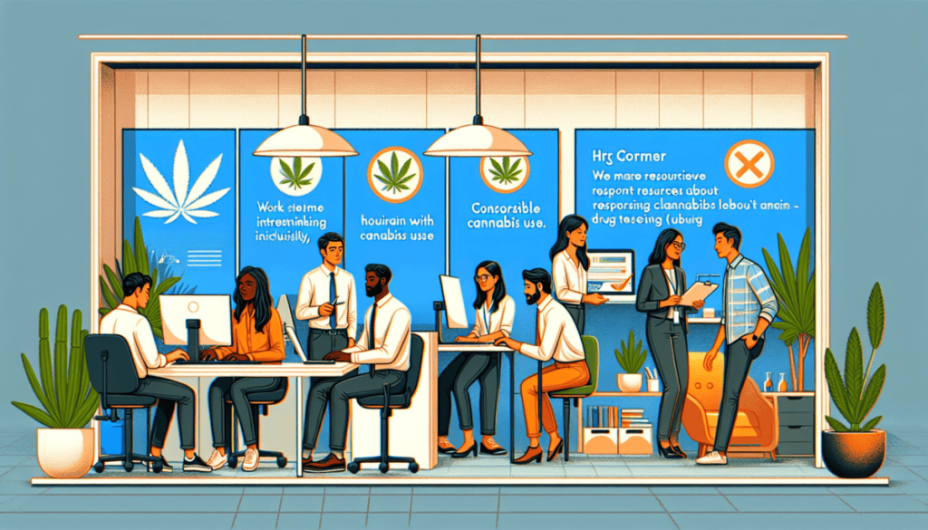 Create an illustration depicting a modern office setting with a progressive, cannabis-friendly policy. The scene includes diverse employees working at their desks, with some engaging in collaborative