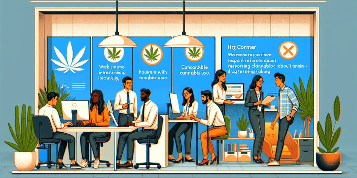 Create an illustration depicting a modern office setting with a progressive, cannabis-friendly policy. The scene includes diverse employees working at their desks, with some engaging in collaborative