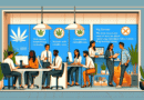 Create an illustration depicting a modern office setting with a progressive, cannabis-friendly policy. The scene includes diverse employees working at their desks, with some engaging in collaborative