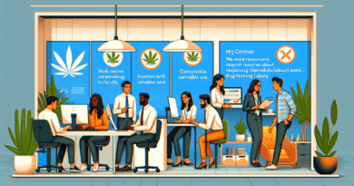 Create an illustration depicting a modern office setting with a progressive, cannabis-friendly policy. The scene includes diverse employees working at their desks, with some engaging in collaborative