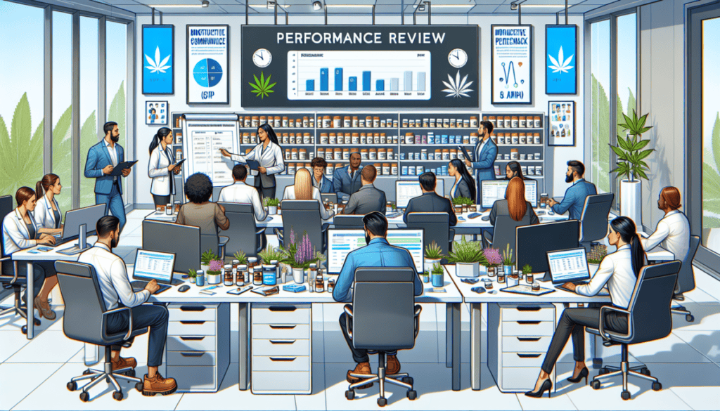 A modern dispensary office bustling with activity, featuring a diverse team of employees engaged in a performance review meeting. The setting includes sleek computers, organized shelves filled with me