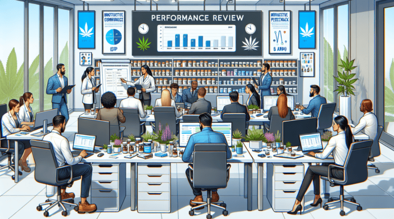 A modern dispensary office bustling with activity, featuring a diverse team of employees engaged in a performance review meeting. The setting includes sleek computers, organized shelves filled with me