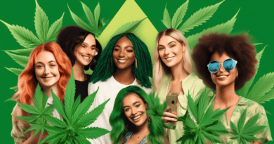 Create an image showcasing a diverse group of influencers promoting a cannabis brand on various social media platforms. The influencers should be engaging with their audiences through vibrant content,