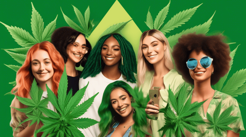 Create an image showcasing a diverse group of influencers promoting a cannabis brand on various social media platforms. The influencers should be engaging with their audiences through vibrant content,