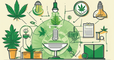Create an image depicting various aspects of intellectual property protection in the cannabis industry. Illustrate a modern, professional setting with legal documents and a gavel on a table. Include e