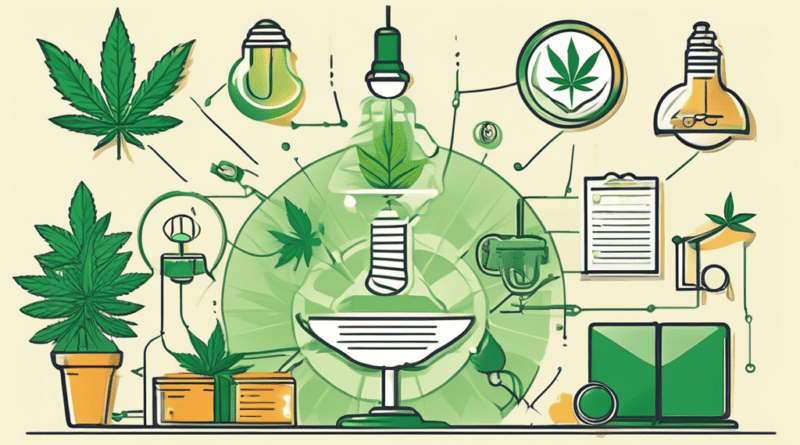 Create an image depicting various aspects of intellectual property protection in the cannabis industry. Illustrate a modern, professional setting with legal documents and a gavel on a table. Include e