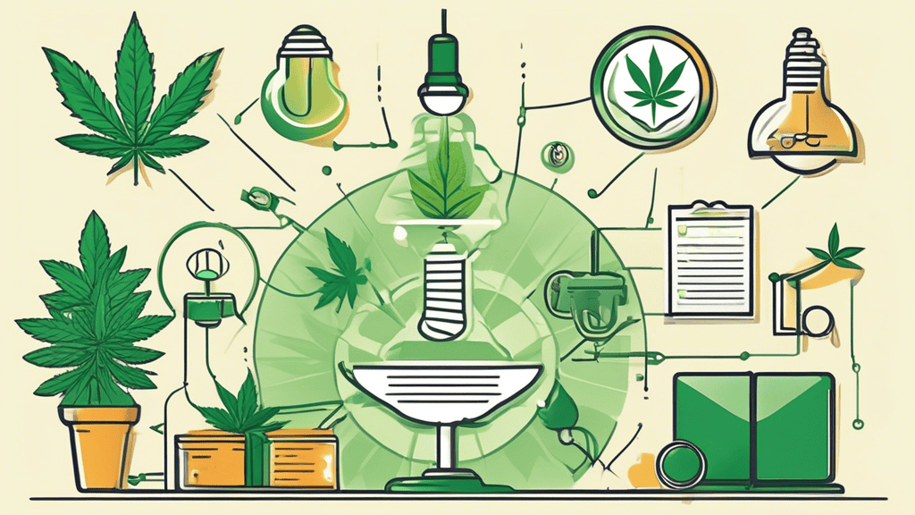 Create an image depicting various aspects of intellectual property protection in the cannabis industry. Illustrate a modern, professional setting with legal documents and a gavel on a table. Include e