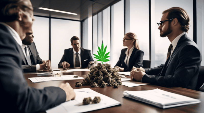 Create an image that illustrates a corporate boardroom setting where business executives are discussing cannabis mergers and acquisitions. The scene should include traditional corporate elements like