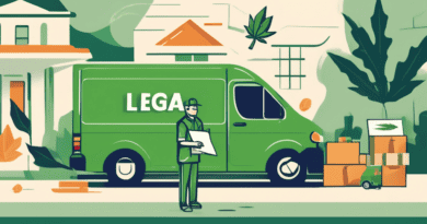 Create an image illustrating the legal implications of cannabis delivery services. Show a delivery van with a cannabis leaf logo, parked outside a modern house. Highlight elements like a driver handin
