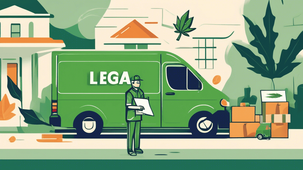 Create an image illustrating the legal implications of cannabis delivery services. Show a delivery van with a cannabis leaf logo, parked outside a modern house. Highlight elements like a driver handin