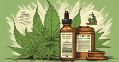 Create an illustration that highlights the legal risks in cannabis product labeling and packaging. Incorporate elements like a cannabis product with a close-up view of its label featuring intricate le