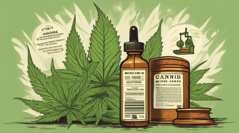 Create an illustration that highlights the legal risks in cannabis product labeling and packaging. Incorporate elements like a cannabis product with a close-up view of its label featuring intricate le