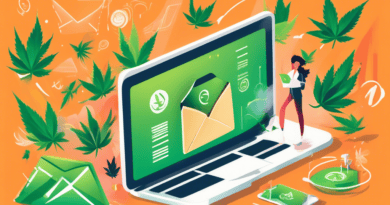 Create an image showing a vibrant, creative email marketing campaign targeted at a cannabis business. Include elements such as email newsletters with cannabis-themed graphics, open rate statistics, an