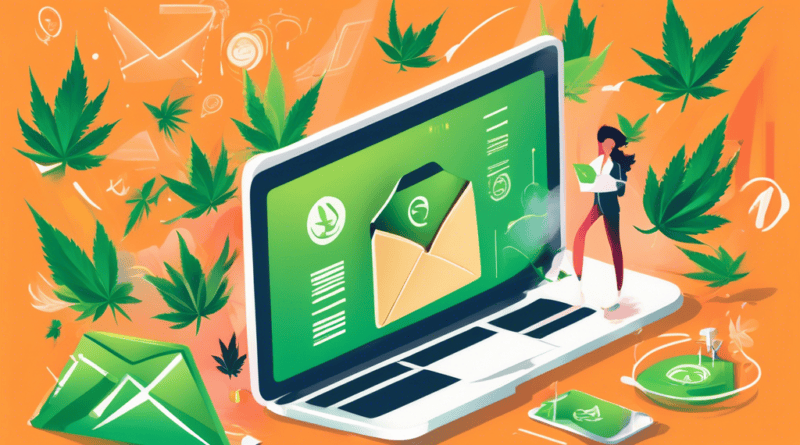 Create an image showing a vibrant, creative email marketing campaign targeted at a cannabis business. Include elements such as email newsletters with cannabis-themed graphics, open rate statistics, an